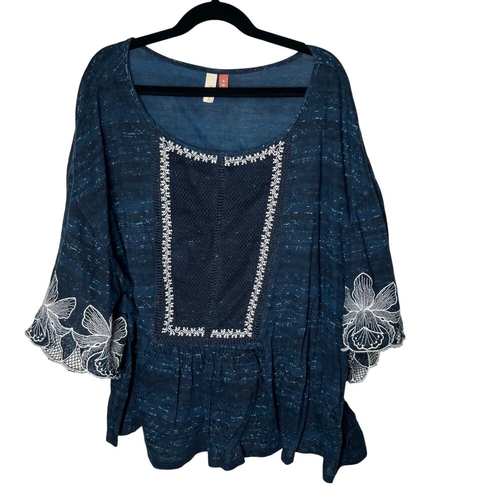 Anthropologie Pilcro Boho Orchid Embroidered Navy Blouse Size Medium
